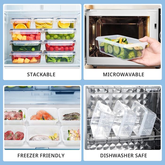 12 контейнерів для зберігання їжі з кришкою, контейнери для заморожування, meal prep бокси, 6 x 1л/0.52л, BPA-free, герметичні, для мікрохвильової печі, придатні для миття в посудомийній машині, для зберігання та транспортування їжі, фруктів, овочів