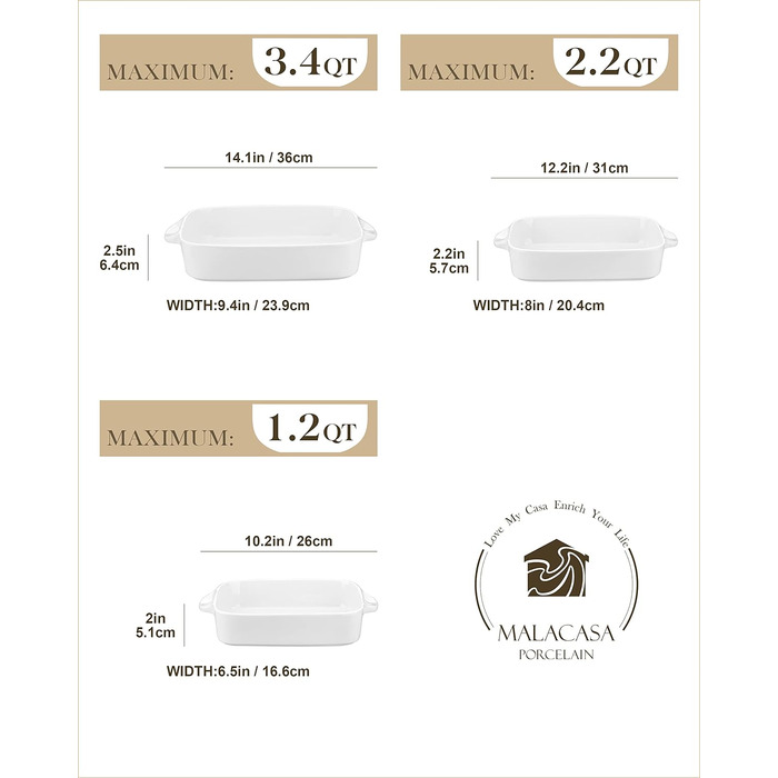 Форма для запікання MALACASA Bake (набір 3 шт.): 26 см, 31 см, 36 см - Біла кераміка для духовки