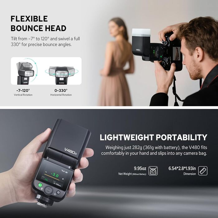 Спалахувач Godox V480F TTL для камер Fujifilm, сенсорний екран, гнучкий поворотний наголовник, дифузор, GN50, HSS 1/8000s, до 650 спалахів на повній потужності, час перезарядки 1.7 сек.