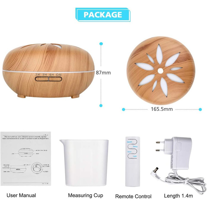 Дифузор ароматерапії GeeRic 550 мл з таймером, ультразвуковий зволожувач повітря, 7 кольорів LED, дерев'яний корпус