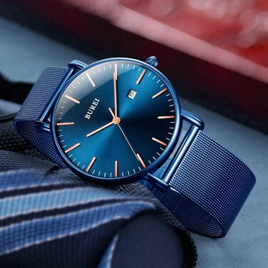 Годинник чоловічий BUREI Ultra тонкий аналоговий з датою, кварцовий механізм (Blue Sun Gold, нержавіюча сталь)