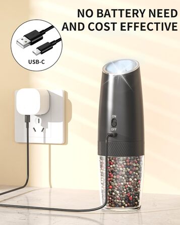 CIRCLE JOY електричний набір млинків для солі та перцю з USB зарядкою, автоматичний, гравітаційний, біле LED-підсвічування, регульований помел, 135 мл, чорний/білий