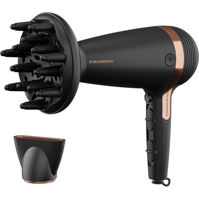 Фен для волосся Grundig Naturashine HD 7081, 2100 Вт, з іонізацією, керамічним покриттям з макадамією та кокосовою олією, автоматичним змотуванням кабелю, чорний/рожеве золото