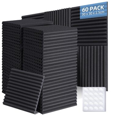 Акустичні пірамідні панелі Ohuhu для звукоізоляції, 60 шт, 30x30x2.5 см, шумопоглинаючий поролон для студії, подкастів та геймінгу (з клейкими стікерами)