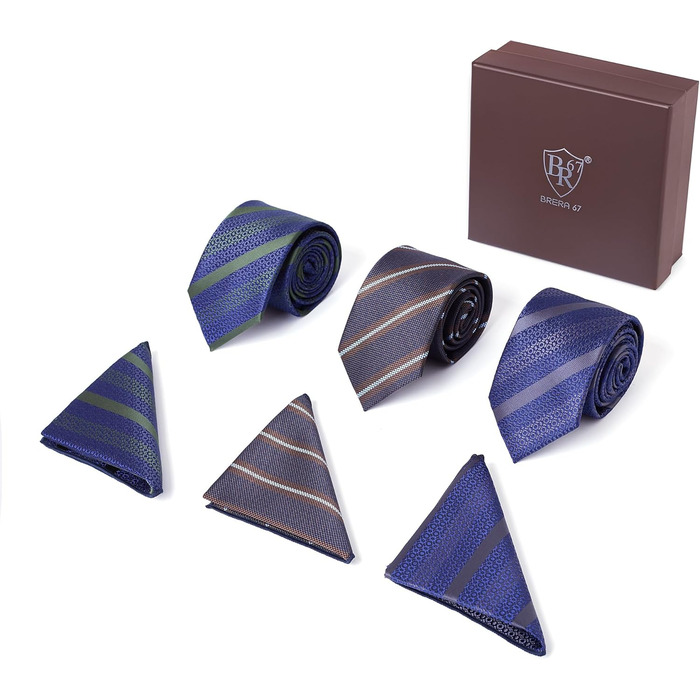 Набір краваток для чоловіків 3 шт. + 3 кишенькові хустинки | Подарунковий бокс на весілля | Класичні краватки та хустинки (синій та зелений)