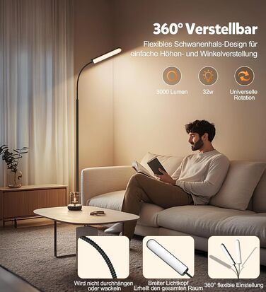 LED-лампа Handsonic на ніжці, 18W, 1650LM, чорна, з регулюванням яскравості, 360° гнучкий шийка, диммер, пульт дистанційного керування, ретро-дизайн, для вітальні та читання