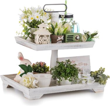Hanobe Decorative Table Tray Etagere Wood: White Washed Wood Tray Large Rectangular with 2 Tiers Farmhouse Decorative Tray Vintage Shabby Serving Tray for Home Coffee Corner Bathroom