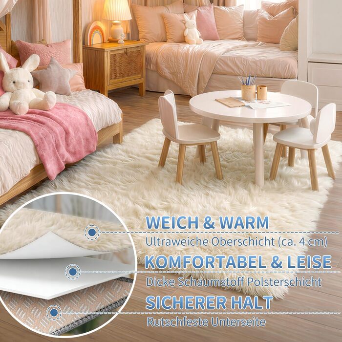 Килим круглий 100 см, миючий, антиковзний, з високим ворсом, для дитячої кімнати, м'який, пухнастий, кремовий колір