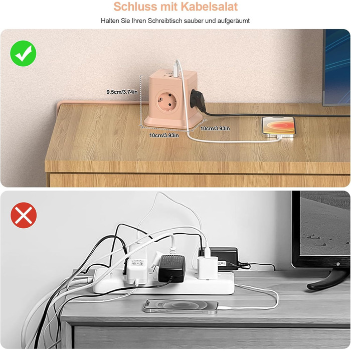 FDTEK Розетка-спінер з USB-C та USB-A, 7 розеток, 2500W/10A, з вимикачем, 1.8м кабель, рожевий