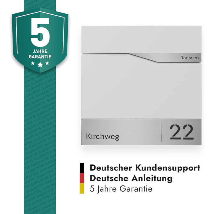 Поштовий ящик білий з газетницею TRELLEBORG, персоналізований, з цинкової сталі з іменем, вулицею та номером будинку + комплект для монтажу (RAL 9016)