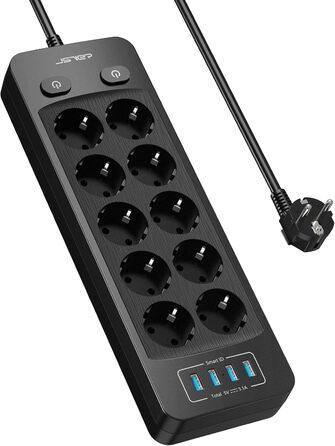 Мережева розетка JSVER 10 з USB, 4 порти зарядки, 16A, з вимикачем, 2м кабель, для смартфонів, ноутбуків, iPad – білий/чорний