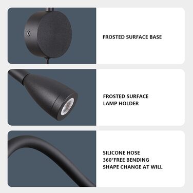 Світлодіодний настінний світильник для читання 3W теплий білий 3000K чорний, з вимикачем на шнурі