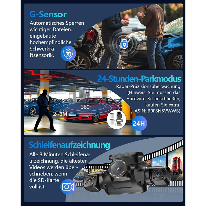 Відеореєстратор HUPEJOS KI Dashcam Auto 4-х канальний з монітором водія, 3K + 3 * 1080P, 360° камера, WiFi, GPS, CPL, 128GB, 24H парковка (V8Pro)