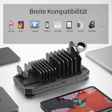 Зарядний пристрій Alxum 60W USB, 10 портів, 5V/2.4A, для телефонів, планшетів, Kindle, з регульованими перегородками, швидка зарядка QC 3.0, чорний