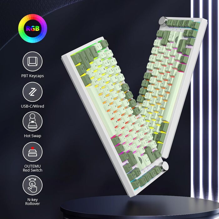 Механічна ігрова клавіатура SOLIDEE 75% з RGB-підсвічуванням, hot-swap, NKRO, TKL, 82 клавіші, Matcha/Red Switch