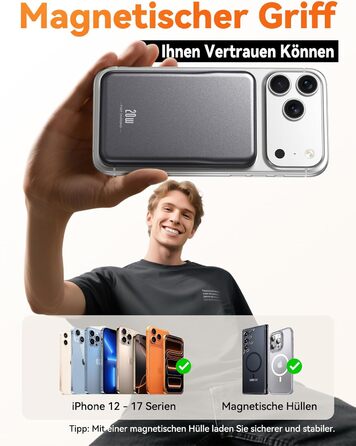 Power Bank MagSafe 10000mAh Сірий: Бездротовий магнітний зарядний пристрій для iPhone 12/13/14/15/16/17 Pro Max з USB-C, 20W PD швидка зарядка