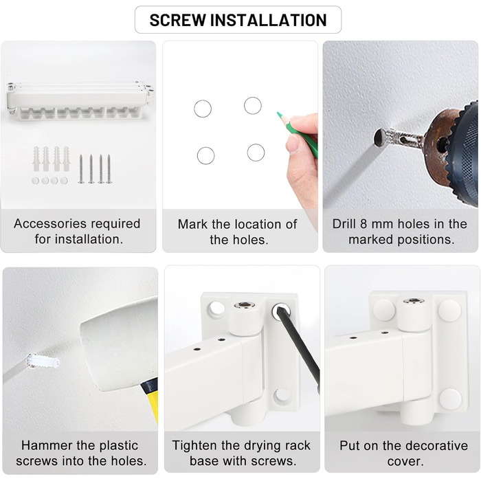 Настінна сушарка для білизни з висувною штангою 120 см, 18 гачків, біла | DREI