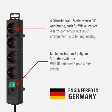 Брененштуль Comfort-Line Plus Розподільник розеток 4-fach з вимикачем, 2м кабелем та широкими проміжками між розетками, чорний
