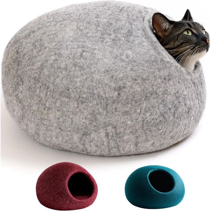 Cat Cave Cat Bed Cat House XL – also suitable for large cats – robust on the outside & cuddly soft on the inside – 5 colors – finest wool – Light Grey