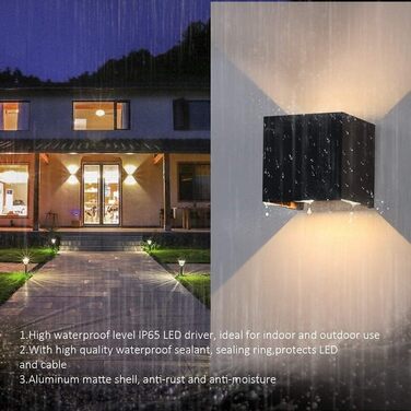 Klighten LED вуличне освітлення 2 шт. 7W, настінний світильник з регульованим світловим променем, тепле біле світло 3000K, IP65, вологозахист, чорний