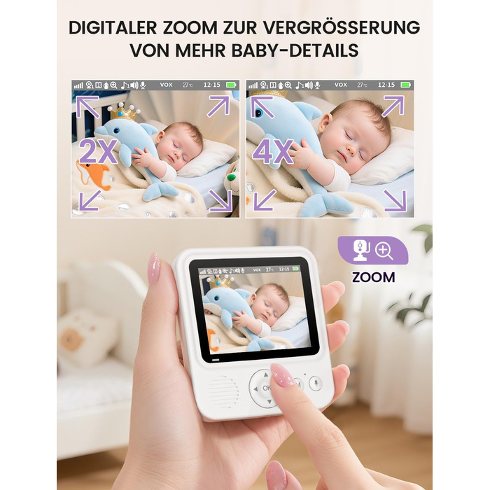 Дитячий відеоняня OBVHNUA з камерою 720p IPS, 2.8' екраном, акумулятором 2000mAh, цифровим зумом, функцією VOX, двостороннім аудіо, нічним баченням, контролем температури та колисковою