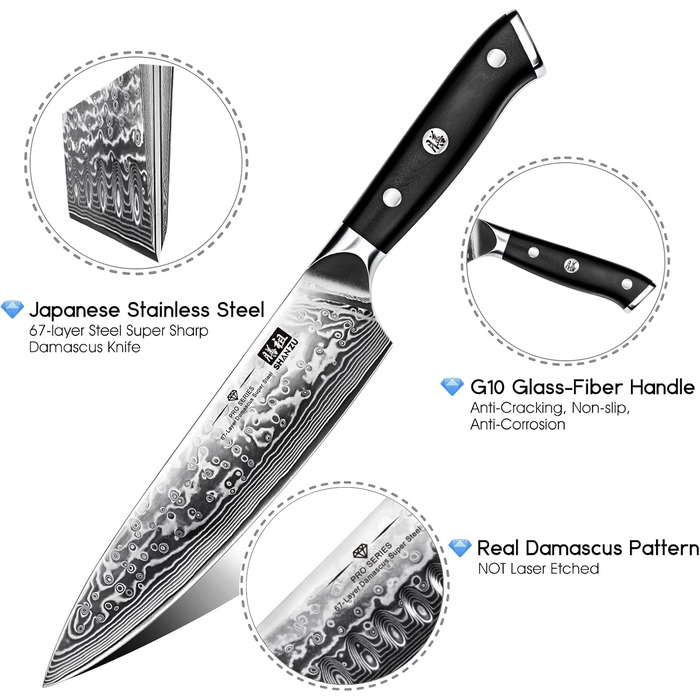 Ніж кухарський SHAN ZU Damast Pro Series, 20 см, 67 шарів дамаської сталі, ручка G10