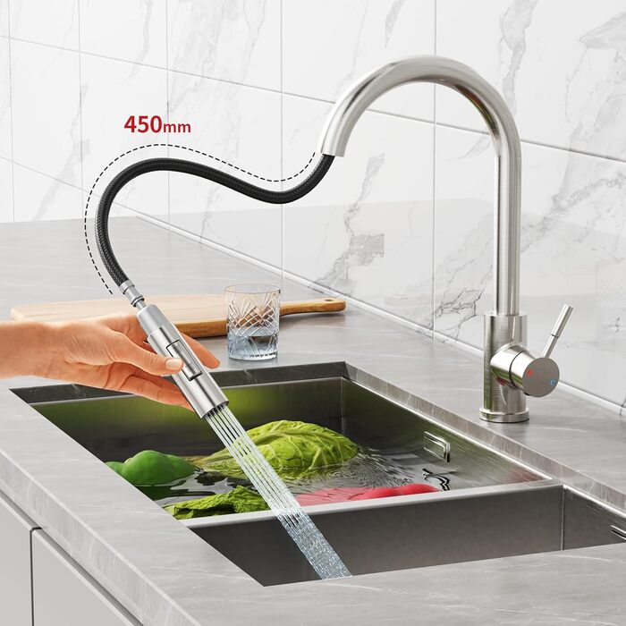 Кран кухонний Rainsworth з висувною лійкою та душем, 360° поворот, нержавіюча сталь, висота 56 см