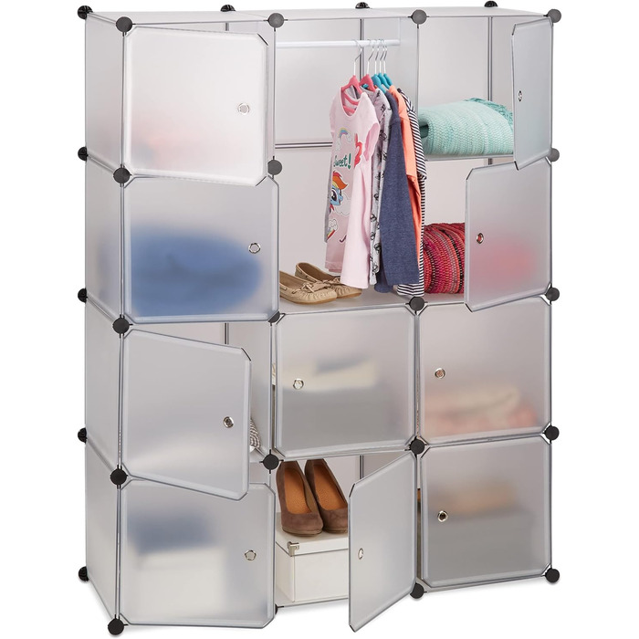 Relaxdays Clothes Rack System with 11 Compartments, Wardrobe with 2 Clothes Rails, DIY Plastic Plug-in Shelf, White (Transparent)