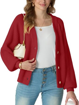 Жіночий в'язаний кардиган GRECEREE з V-подібним вирізом та ґудзиками, з кишенями (червоний, M)