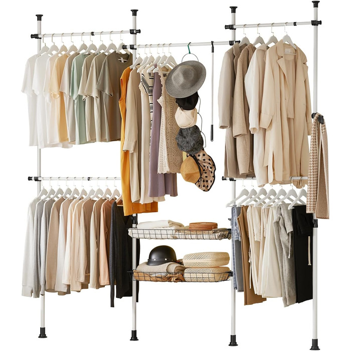 SoBuy KLS04-SCH Telescopic Clothing Rail Clothes Rack with 5 Clothes Rails and 2 Baskets Telescopic Wardrobe System Adjustable Shelving System B (209-311) x H (200-285) cm (White)