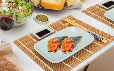 Набір для суші Exzact (10 шт.) – 2 тарілки, 2 миски для соусу, 2 підставки під столові прилади, 2 пари паличок для їжі – високоякісний фарфор, у подарунковій коробці – блакитний колір