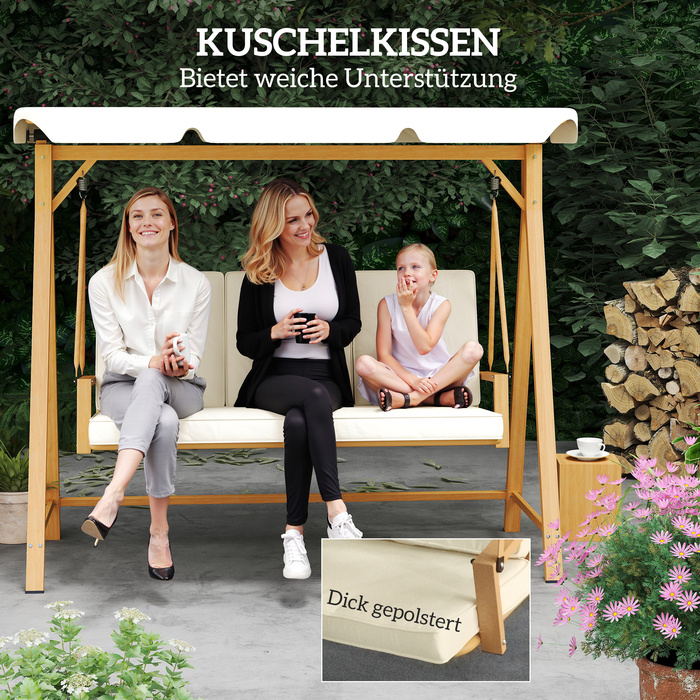 Outsunny Hollywood Swing with Adjustable Sun Canopy and Seat Cushion, Wood-Look 3-Seater Garden Swing, Load Capacity up to 330kg, Swing Bench for Garden, Terrace 198 x 120 x 170cm, Beige | Aosom