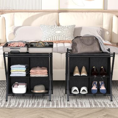 ABOXOO 2-Pack Luggage Rack with Storage, Guest Room, Folding, Holds up to 54.4 kg, Space-Saving Suitcase Rack for Guest Rooms, Bedrooms, Hotels, Black