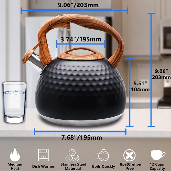 Чайник Teekessel Herd 3.2 л з нержавіючої сталі, для плити (газ, електрика), з дерев'яною ручкою, чорний