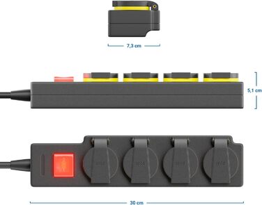 deleyCON Розподільник розеток на 4 розетки для вулиці зі шнуром 5м, IP44, вологозахищений, для саду, тераси, балкону, гаража (5м, з вимикачем)