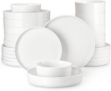MALACASA, Leah Series, Dinnerware Set for 4 People, 12-Piece Porcelain Tableware Set Combination Set White, Dishware with Raised Edge consisting of 4x Dinner Plates, 4x Dessert Plates, 4x Cereal Bowls White, 12-Piece
