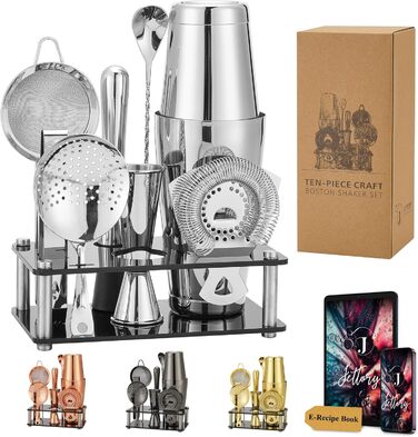 Boston Shaker Set – 10-Piece Stainless Steel Cocktail Shaker Set with Acrylic Base, Hawthorne Strainer, Ice Tongs, Bar Spoon, Jigger, Muddler – Perfect for the Home Bar (Silver)