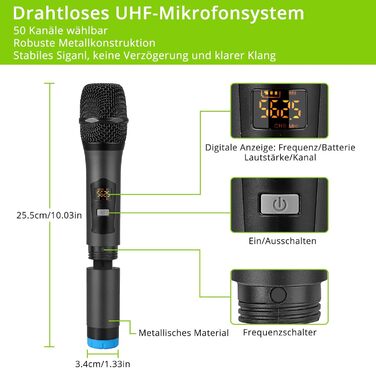 LiNKFOR UHF мікрофонний комплект з 4-ма ручними мікрофонами, 50 каналів, Bluetooth, AUX - для DJ, співу, церкви, весіль