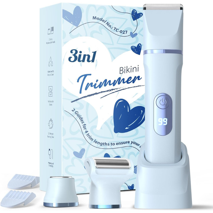 Електричний жіночий триммер 3-в-1 для тіла та інтимної зони з LED-дисплеєм, IPX7, USB, (Блакитний)