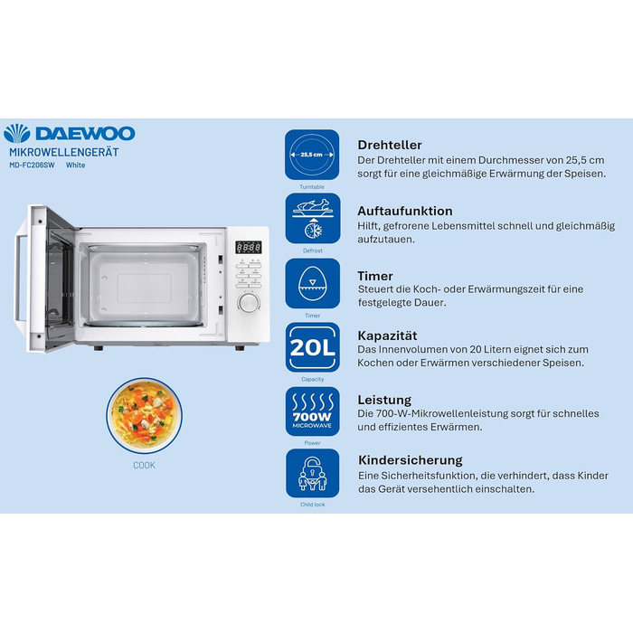 Мікрохвильова піч Daewoo MD-FC206SB 20L, 700W, чорний колір (Solo, White)