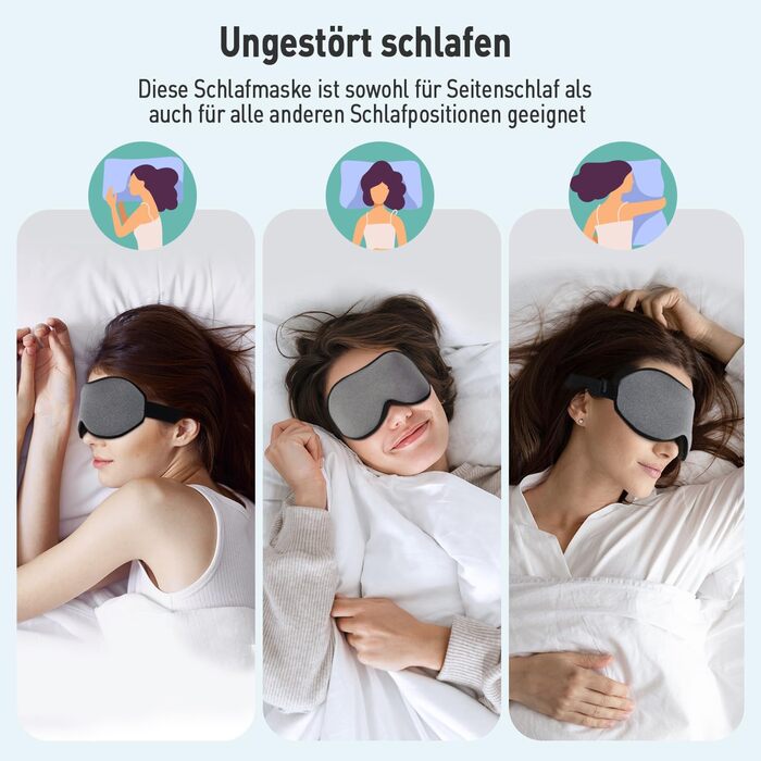 Маска для сну Umisleep для тих, хто спить на боці, 3D-орбіти, регульований ремінець, блокує світло, дихаюча, для чоловіків та жінок, для подорожей та йоги (сіра)