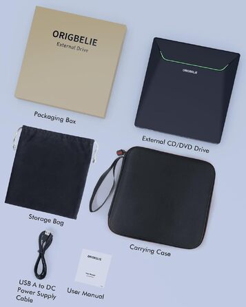 Зовнішній DVD-накопичувач ORIGBELIE з RJ45 Ethernet-адаптером та USB 3.0 хабом (3 USB, 2 TF/SD), зовнішній CD-записувач для ноутбука, MacBook, PC Windows, Linux, Mac OS, з сумкою для перенесення