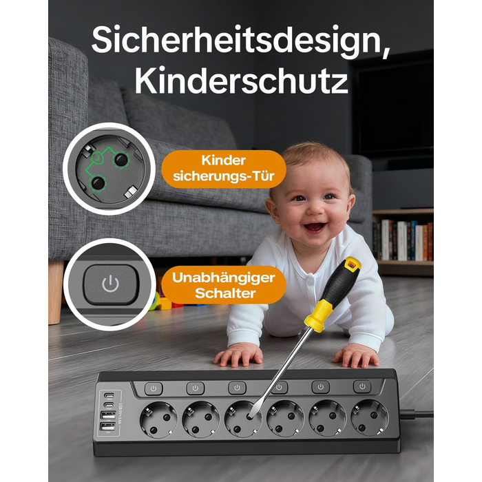 Мережевий фільтр 5-портовий з USB та LED, чорний. Розподільник розеток на стіл, для дому, кухні. Можливість настінного монтажу.