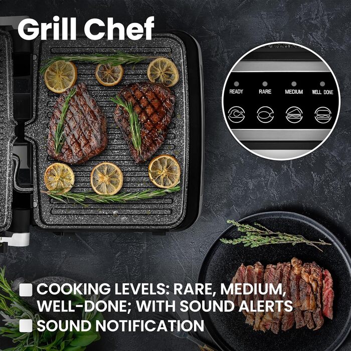 Grill Chef Electric Contact Grill and Sandwich Toaster 2100W, Removable Heating Plates, 2in1, 180° Foldable, Non-Stick Coating, Drip Tray, Acoustic Notifications (SILVER)