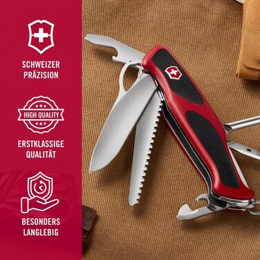 Швейцарський ніж Victorinox Ranger 78 M: мультитул з 12 функціями, фіксатор леза, відкривачка для пляшок, червоно-чорний