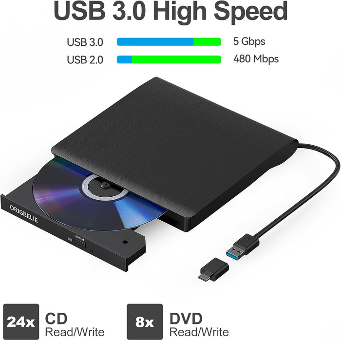 Зовнішній DVD-записувач ORIGBELIE USB 3.0, портативний CD-ROM привід +/-RW для ноутбука, ПК, MacBook, Windows, Linux