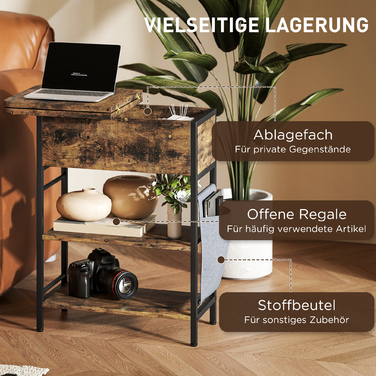 HOMCOM Bedside Table with Power Strip, 2 Tiers, USB Ports, and Storage - Rustic Brown (60 x 29.8 x 58.5 cm)