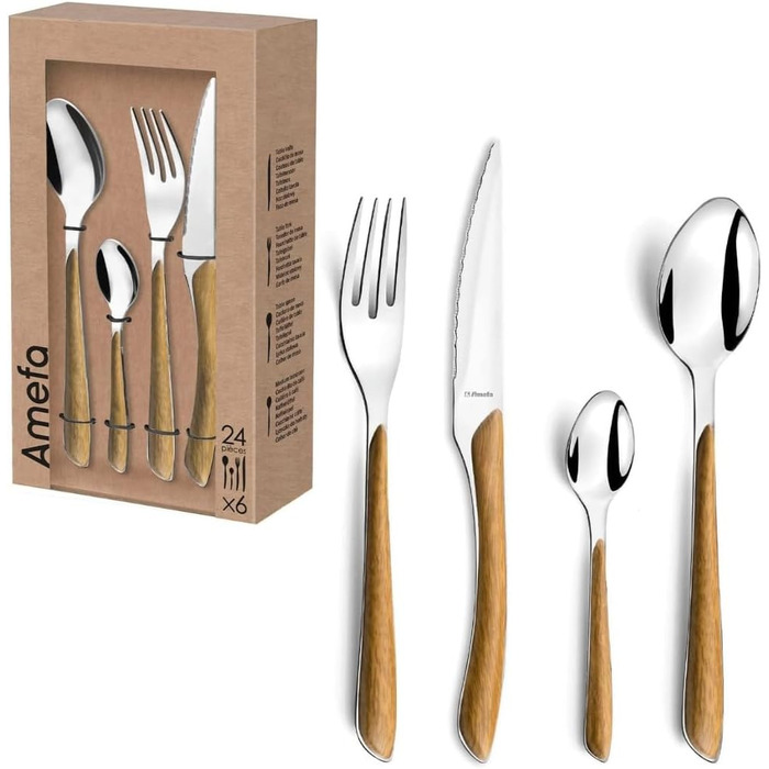Amefa ECLAT Cutlery Set NATURE Brown Wood-Look Dining Cutlery 24-Piece for 6 People Stainless Steel, Rust-Proof, Plastic Grips with Wood-Look Finish, Dishwasher-Safe Cutlery Set for 6 People