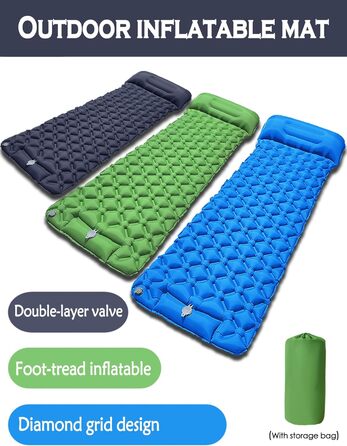 Надувний килимок для кемпінгу Isomatte: самонадувний, ультралегкий, з помпою та подушкою для відпочинку на природі, в походах, на пляжі та в наметі (зелений)