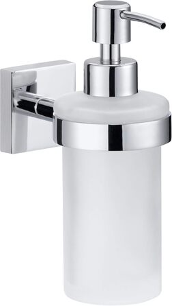 tesa EKKRO Soap Dispenser Set, satinized glass and chrome-plated stainless steel - Wall-mounted liquid soap dispenser without drilling, including adhesive solution - 70mm x 170mm x 125mm